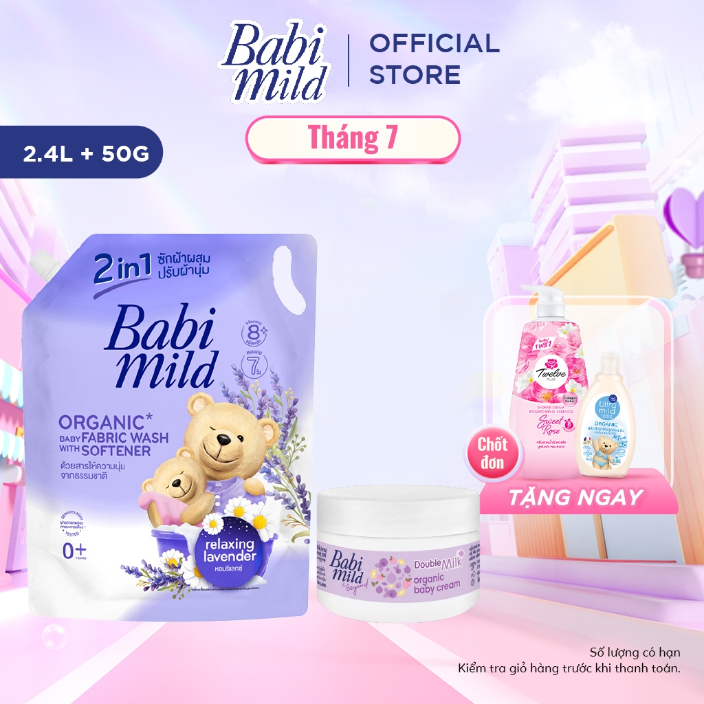 Combo Nước Giặt Xả Dịu Nhẹ Cho Bé 2in1 Babi Mild 2400ml/túi + Kem dưỡng da trẻ em 50g