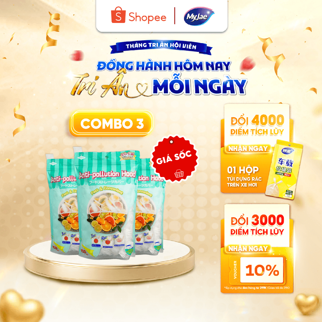 [Võ Hà Linh x MyJae] Combo 3 Bịch Màng chụp thực phẩm PE dạng bo chun MyJae, màng bọc bảo quản thức ăn (100 Cái/Gói)