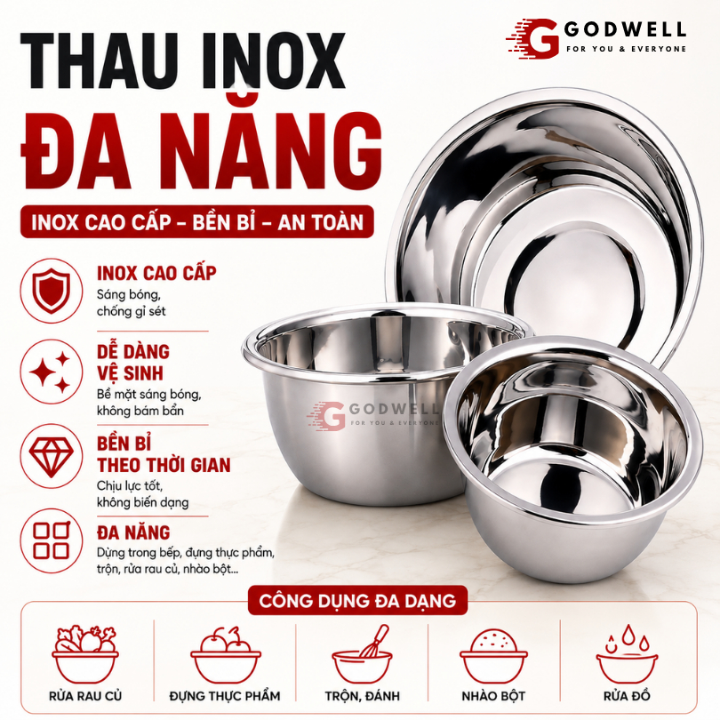 Bộ Thau Inox 304 cao cấp, Sâu Lòng, Chậu Rửa Đựng Đa Năng Đa Dạng Kích Thước, Sáng Bóng Bền Đẹp - ảnh 6