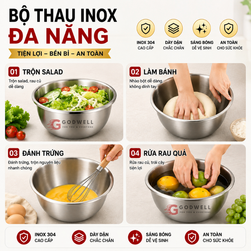 Bộ Thau Inox 304 cao cấp, Sâu Lòng, Chậu Rửa Đựng Đa Năng Đa Dạng Kích Thước, Sáng Bóng Bền Đẹp - ảnh 7