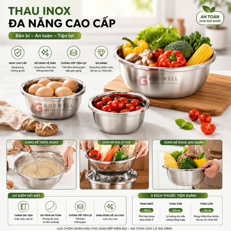 Bộ Thau Inox 304 cao cấp, Sâu Lòng, Chậu Rửa Đựng Đa Năng Đa Dạng Kích Thước, Sáng Bóng Bền Đẹp - ảnh 4