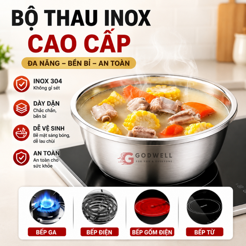 Bộ Thau Inox 304 cao cấp, Sâu Lòng, Chậu Rửa Đựng Đa Năng Đa Dạng Kích Thước, Sáng Bóng Bền Đẹp - ảnh 5
