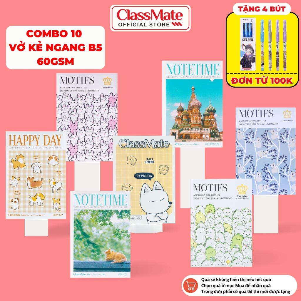 [Đơn 100K Tặg 4 Bút] Combo 10 Vở Kẻ Ngang Happy Day Classmate Bìa Chống Nước, Giấy Mịn Ăn Mực 58-60gsm, Vở 72/200 Trang