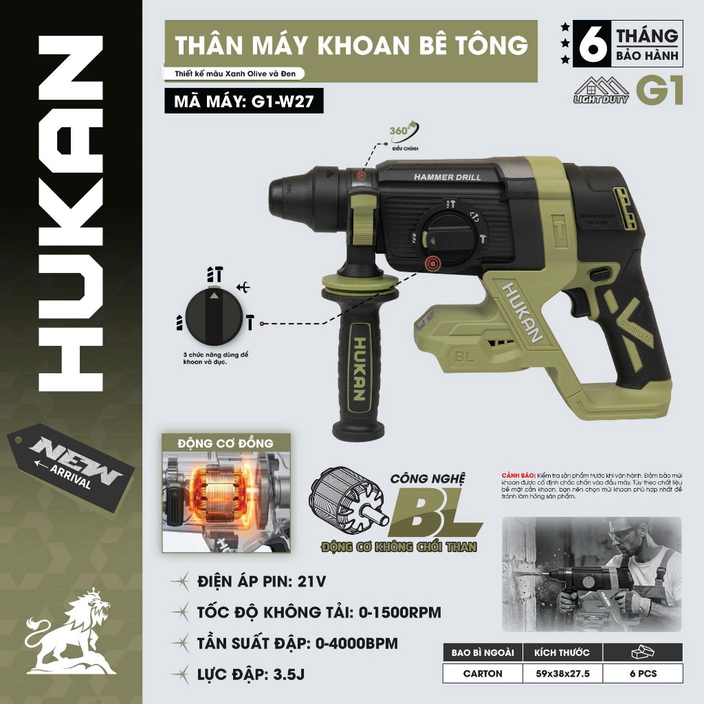 Thân Máy Khoan Bê Tông 3 Chức Năng HUKAN G1-W27 |21V - Không Chổi Than | Lực Đập 3.5J - Plus 26mm Khoan Đục| BH 6 Tháng