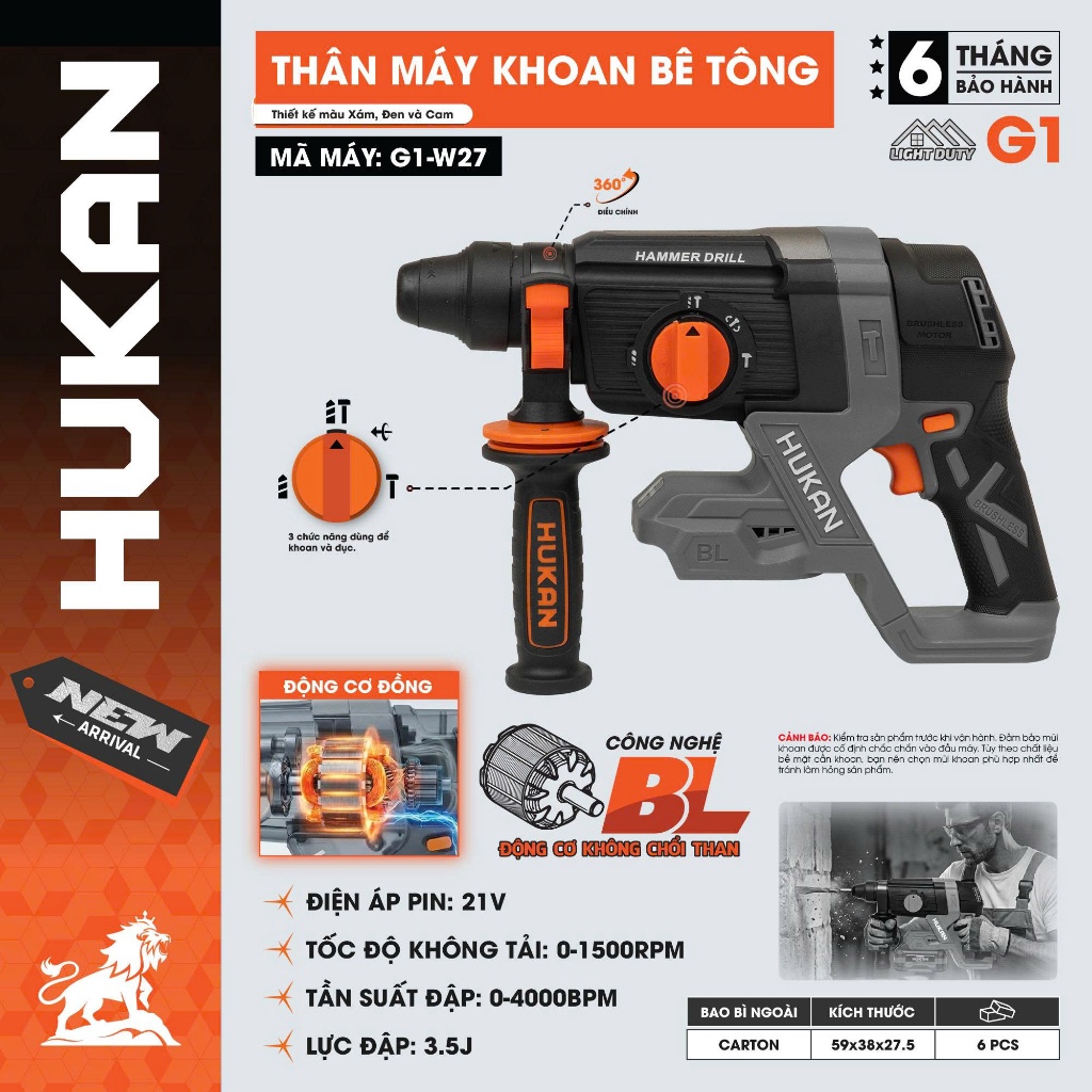 Thân Máy Khoan Bê Tông 3 Chức Năng HUKAN G1-W27 |21V - Không Chổi Than | Lực Đập 3.5J - Plus 26mm Khoan Đục| BH 6 Tháng