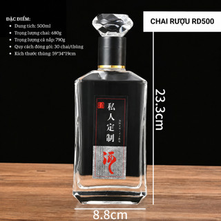 Chai Thủy Tinh Đựng Rượu 500ml Nắp Kim Cương, Vỏ Chai Rượu Sang Trọng Cao Cấp