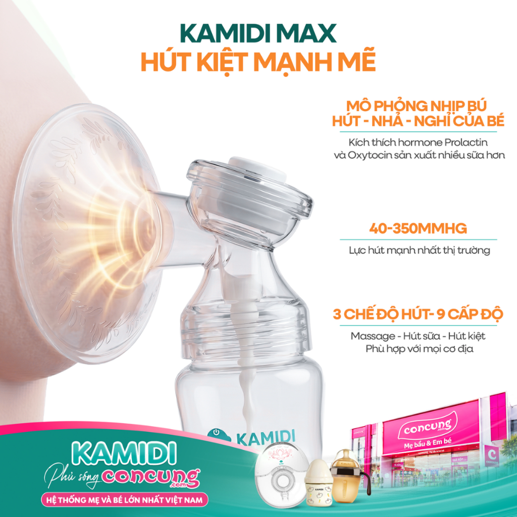 Máy Hút Sữa Điện Đôi Kamidi Max - Phễu Hút Silicone Mềm Mại - Hút Kiệt