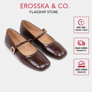 Erosska - Giày búp bê nữ ballet core mũi vuông, quai ngang phối khóa màu nâu  - EL084