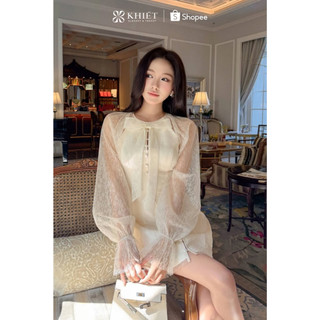 Đầm suông lưới hoa nhí kem cổ nơ thanh lịch nhẹ nhàng nữ tính hiện đại Khiết KD597