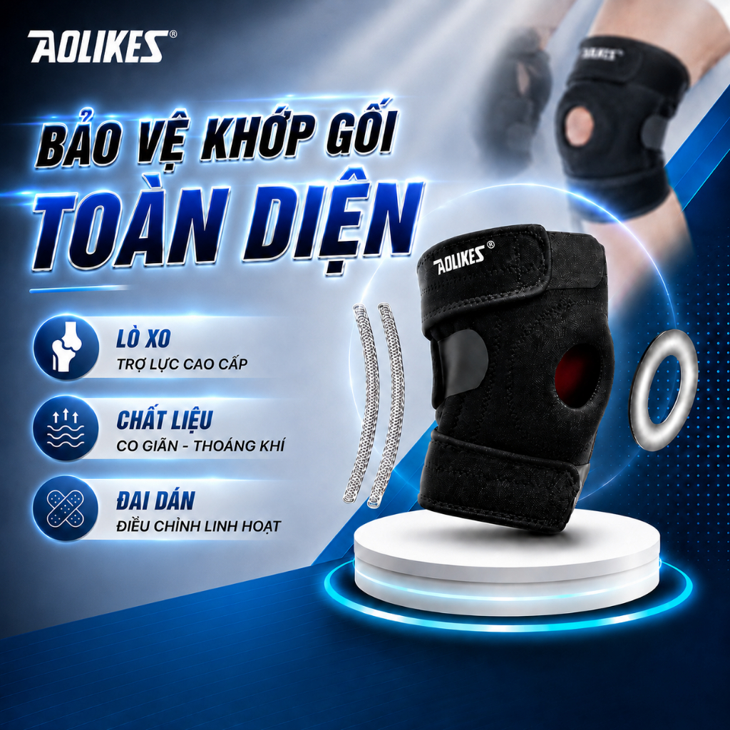 Bó gối thể thao có lò xo AOLIKES 7616, 7618 băng đầu gối khi chạy bộ,bóng đá thể thao leo núi