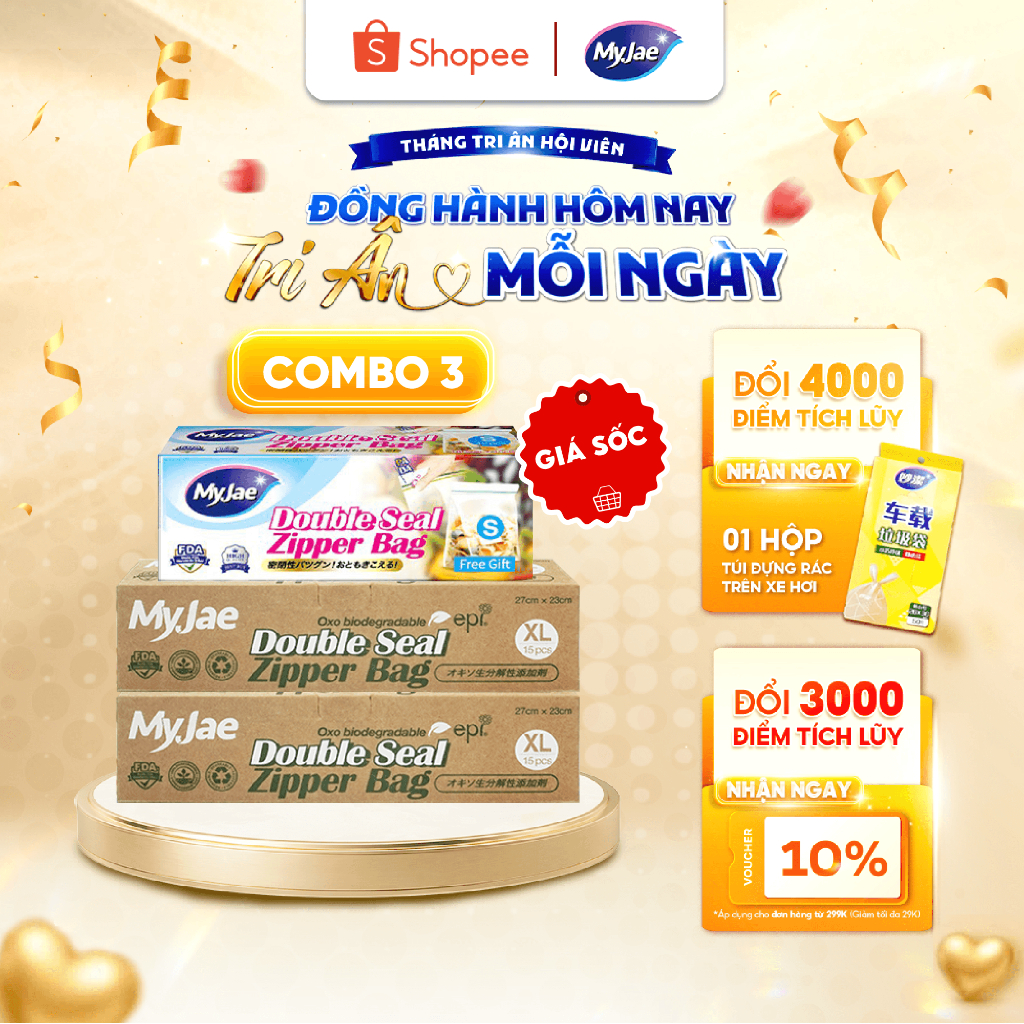 Combo 3 HỘP SIZE 2XL+1S Túi Zip PE Trong Suốt 2 Đường Kéo MyJae, Túi Bọc Đồ Ăn