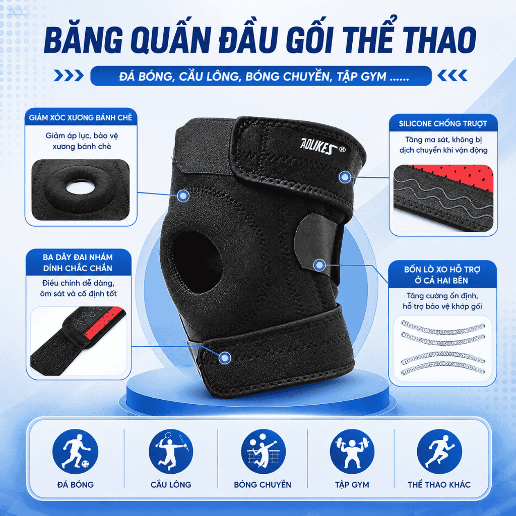 Bó gối thể thao có lò xo AOLIKES 7616, 7618 băng đầu gối khi chạy bộ,bóng đá thể thao leo núi