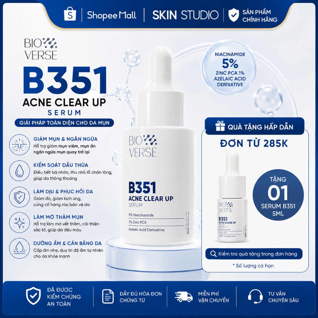 Tinh Chất Mờ Thâm Niacinamide 5% + Zinc 1% Hỗ Trợ GiảmMụn Bioverse B351 Acne Clear Up Serum 30ml
