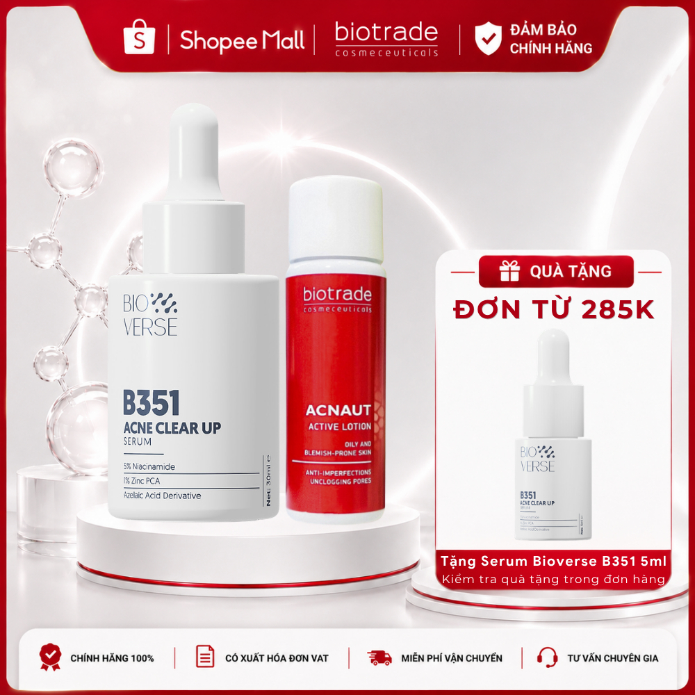 Combo giảm mụn mờ thâm Chấm mụn Biotrade Acnaut Active Lotion 15ml & Serum Bioverse B351 30ml