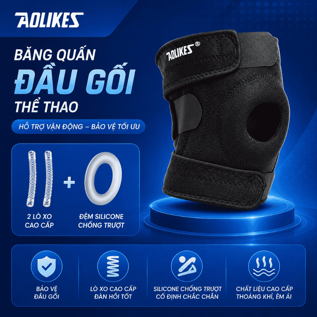 Bó gối thể thao có lò xo AOLIKES 7616, 7618 băng đầu gối khi chạy bộ,bóng đá thể thao leo núi