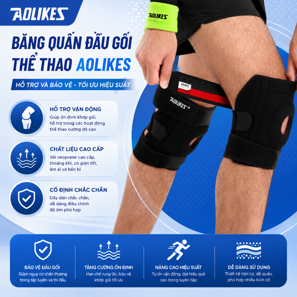 Bó gối thể thao có lò xo AOLIKES 7616, 7618 băng đầu gối khi chạy bộ,bóng đá thể thao leo núi