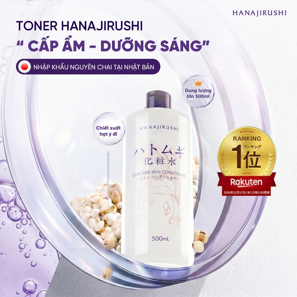 [Live KOL] Toner Hatomugi Hạt Ý Dĩ Hanajirushi Coix Seed Skin Conditioner 500ml Cấp Ẩm, Làm Dịu Da
