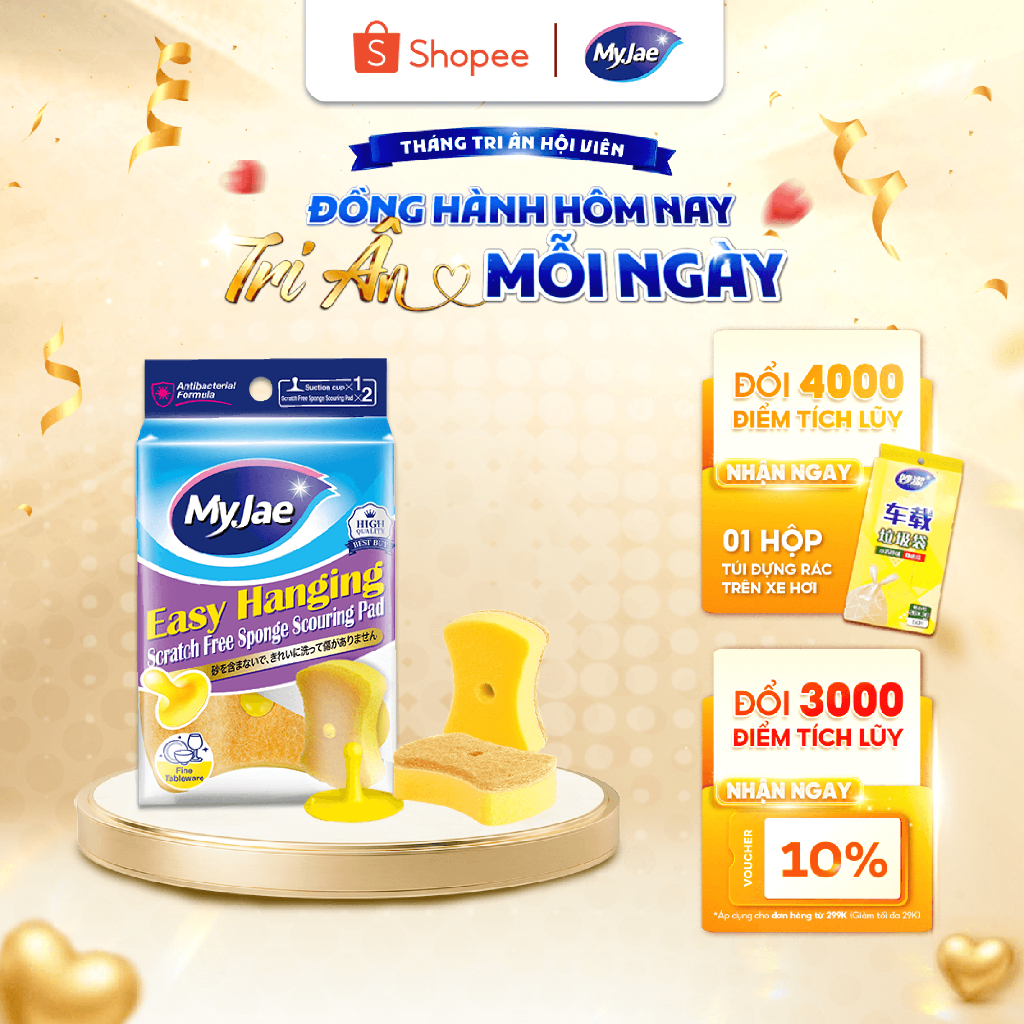 Miếng bọt biển rửa chén MyJae 2 mặt, mút xốp rửa bát đa năng kèm miếng nhựa hít kê (2miếng/gói)