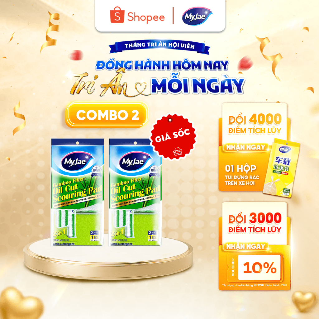 COMBO 2 Miếng rửa chén đa năng sợi tre MyJae, miếng rửa chén chống xước 2 mặt, siêu bền đánh bay dầu bẩn