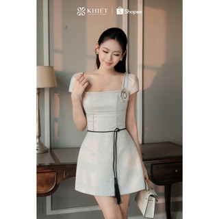 Đầm ngắn tweed Khiết Style cổ vuông phối dây belt đen tua rua phong cách thanh lịch KD603
