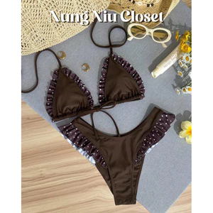 NUNG NIU - Bộ Bikini 2 Mảnh Màu Choco Viền Bèo Chấm Bi