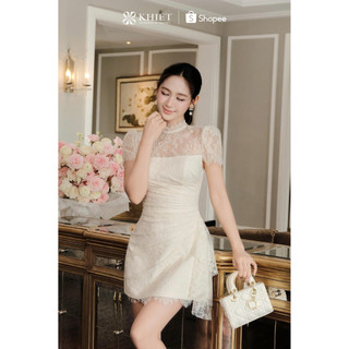 Đầm ngắn ren kem cổ cao dáng ôm phong cách dự tiệc thanh lịch KD609
