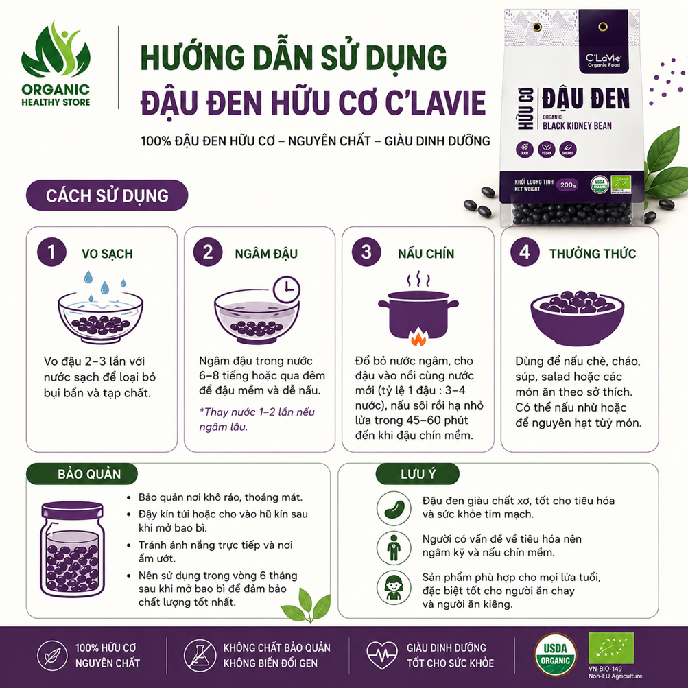 Đậu đen hữu cơ C'Lavie 200g, nấu sữa hạt, nấu chè thanh mát giải nhiệt