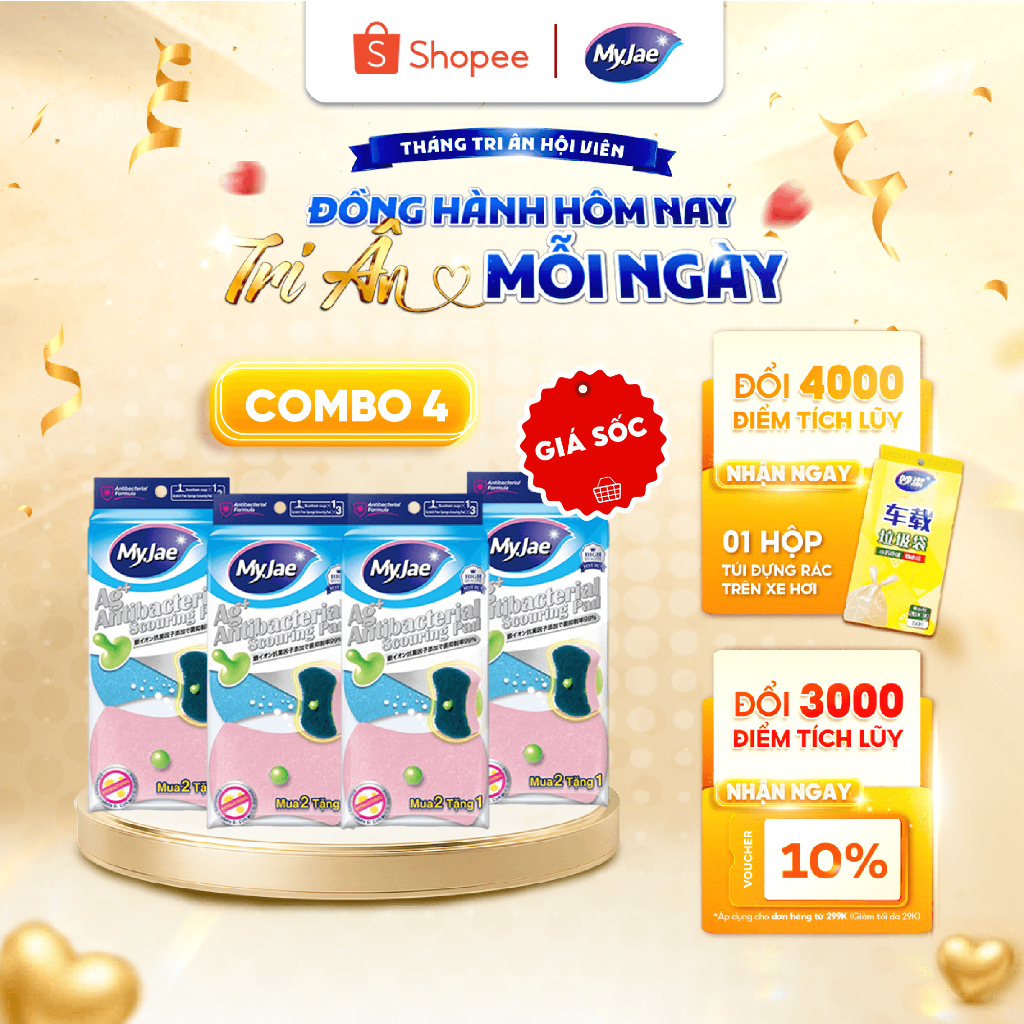 COMBO 4 Miếng bọt biển rửa chén kháng khuẩn siêu sạch  MyJae an toàn bền bỉ
