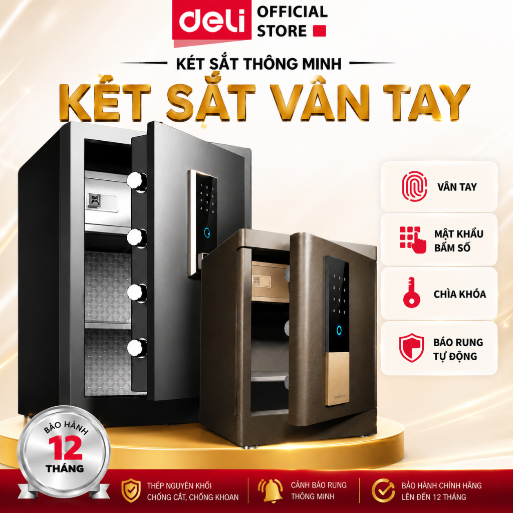 Két Sắt Vân Tay DELI Cao Cấp Thiết Bị Két Sắt Bảo Hộ Tài Sản Có Thông Báo Giọng Nói Két Lót Da Nhiều Ngăn Cho GĐình Cty