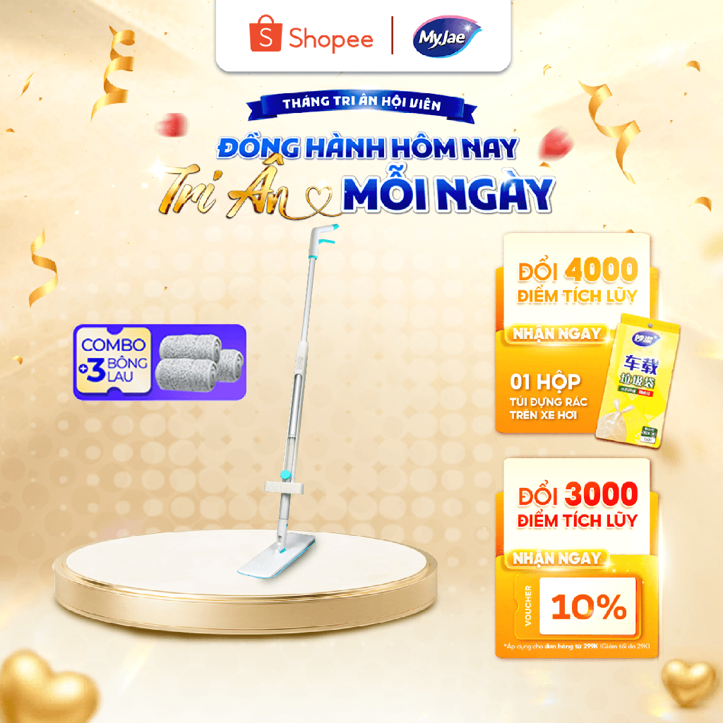 Combo 3 Bông Lau + 1 Cây Lau Nhà MyJae Sợi Microfiber Tự Vắt Phun Sương Xoay 360 Độ Thông Minh 138c