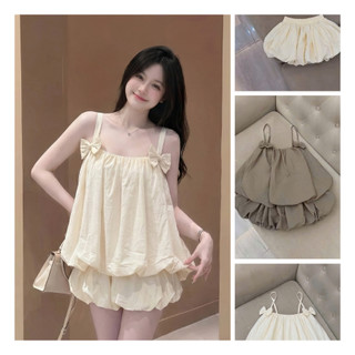 SET Babydoll Bong Bóng Tiểu Thư Hàn Quốc,  Áo Hai Dây Nơ Vai Mix Quần Short Bí