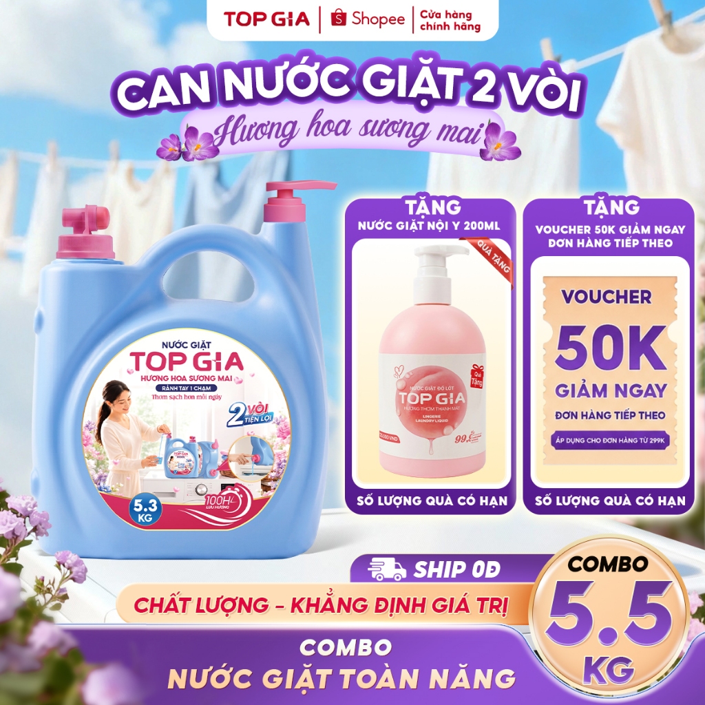 [Quà Ưu Đãi] Can Nước Giặt Xả Đậm Đặc TopGia 2 Vòi 5.3KG Hương Hoa Sương Mai, Lưu Hương 100H