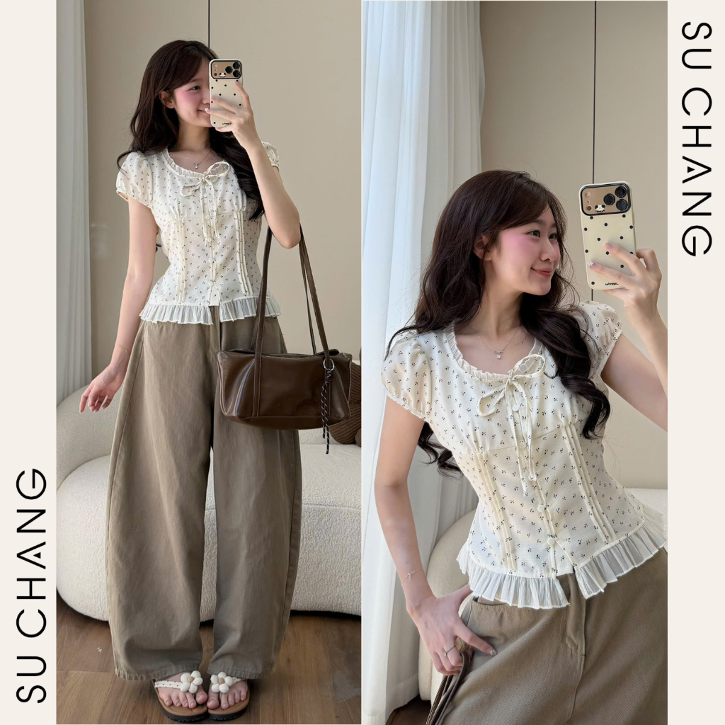 Áo Babydoll Hoa Nhí Phối Viền Tơ Bèo Cổ Nơ A927 Su Chang Thời Trang Nữ | BigBuy360 - bigbuy360.vn