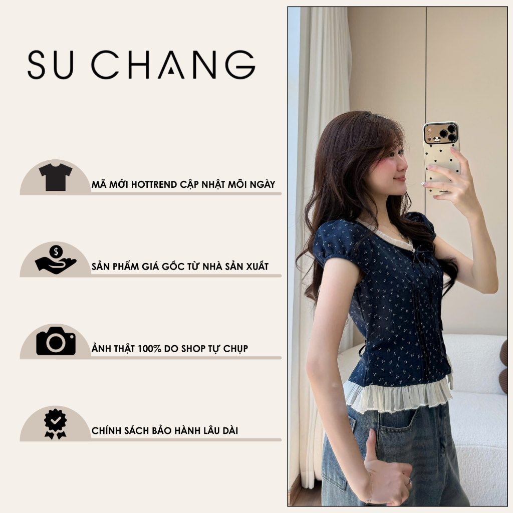 Áo Babydoll Hoa Nhí Phối Viền Tơ Bèo Cổ Nơ A927 Su Chang Thời Trang Nữ | BigBuy360 - bigbuy360.vn