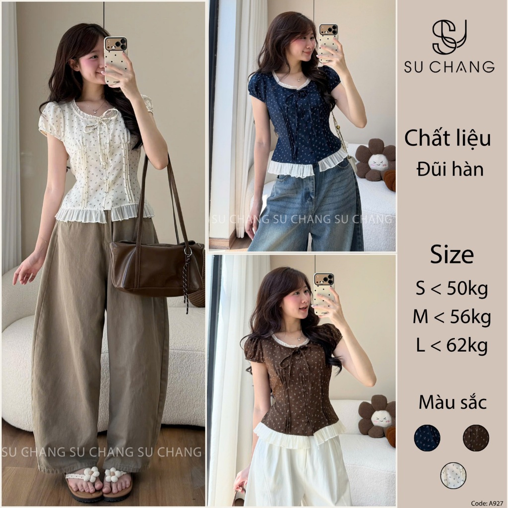 Áo Babydoll Hoa Nhí Phối Viền Tơ Bèo Cổ Nơ A927 Su Chang Thời Trang Nữ