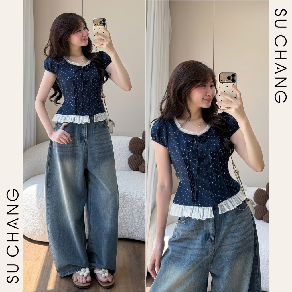 Áo Babydoll Hoa Nhí Phối Viền Tơ Bèo Cổ Nơ A927 Su Chang Thời Trang Nữ | BigBuy360 - bigbuy360.vn