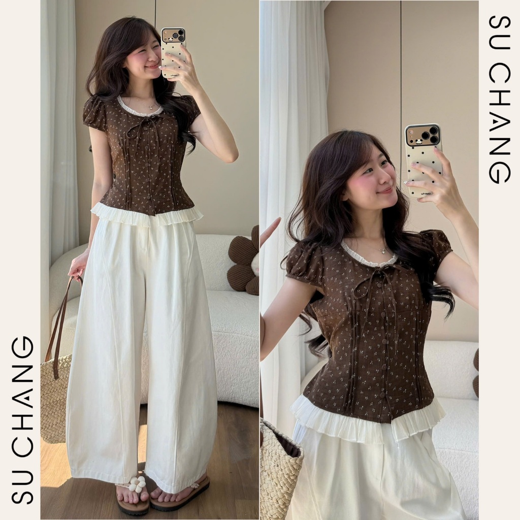 Áo Babydoll Hoa Nhí Phối Viền Tơ Bèo Cổ Nơ A927 Su Chang Thời Trang Nữ | BigBuy360 - bigbuy360.vn