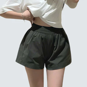 Quần Đùi Nữ Vải Mềm Mặc Ở Nhà, Quần Short Phồng Ống Rộng Cạp Chun Cao Màu Rêu Vải Kaki Cotton Thoáng Mát-QS001