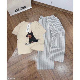 🌿 SET ÁO THUN IN CÚN MIX QUẦN KẺ SỌC SIÊU XINH🌿