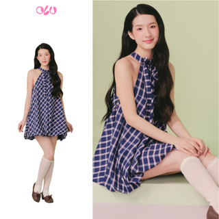 Đầm yếm OLV dáng bí bồng bềnh Blue Checked Halter Neck Puff Mini Dress dễ thương phù hợp đi chơi