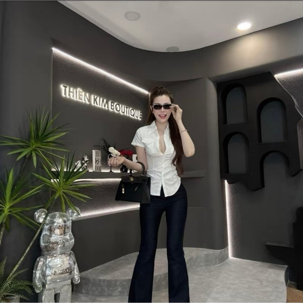 Áo Sơ mi Nữ Tay Ngắn Nữ Trắng Đen Túi Hộp Thời Trang