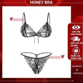 Bộ đồ lót ren sexy xuyên thấu quần lót lọt khe xẻ đáy quyến rũ FreeSize cho nữ HoneyBra DL01