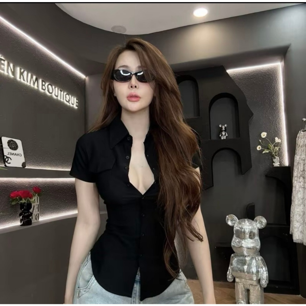 Áo Sơ mi Nữ Tay Ngắn Nữ Trắng Đen Túi Hộp Thời Trang