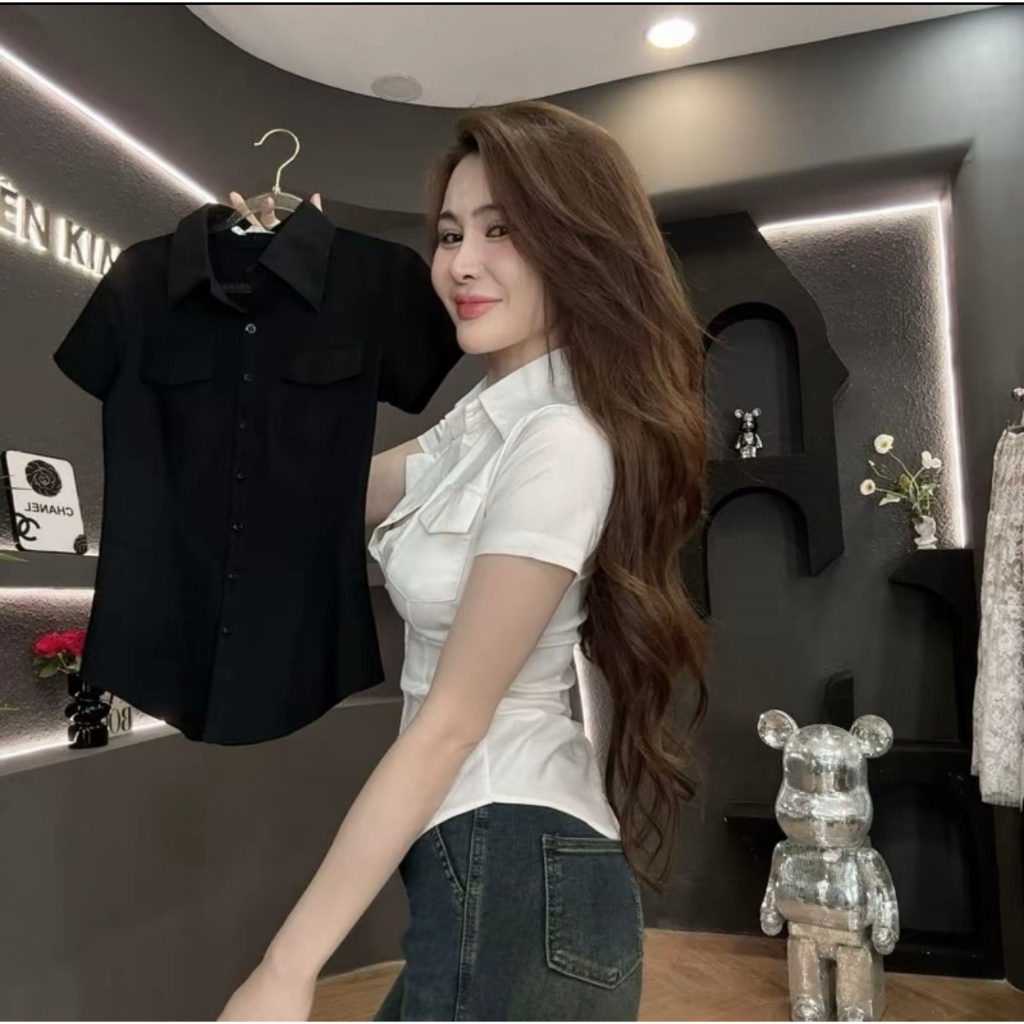 Áo Sơ mi Nữ Tay Ngắn Nữ Trắng Đen Túi Hộp Thời Trang