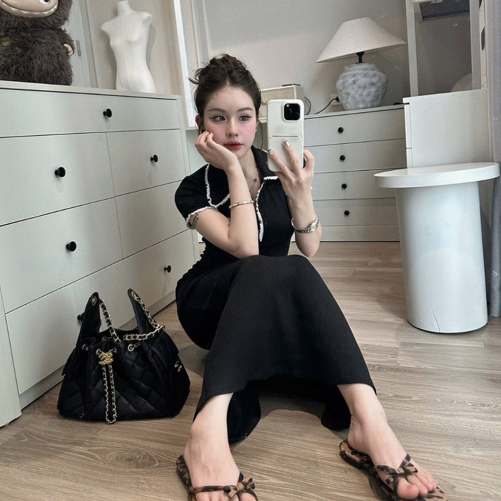 Đầm nữ, váy nữ DONNA HCOM26446 cổ bẻ viền trắng cộc tay dáng dài trẻ trung, thanh lịch