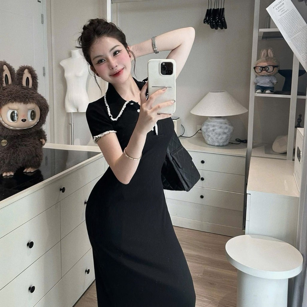 Đầm nữ, váy nữ DONNA HCOM26446 cổ bẻ viền trắng cộc tay dáng dài trẻ trung, thanh lịch