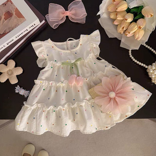 Váy chấm bi xòe tầng dáng babydoll rộng rãi thời trang bé gái mùa hè tặng kèm túi cói D1341