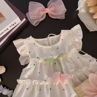 Váy chấm bi xòe tầng dáng babydoll rộng rãi thời trang bé gái mùa hè tặng kèm túi cói D1341