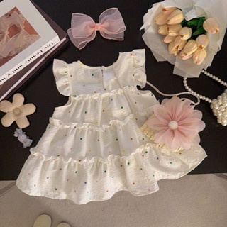 Váy chấm bi xòe tầng dáng babydoll rộng rãi thời trang bé gái mùa hè tặng kèm túi cói D1341