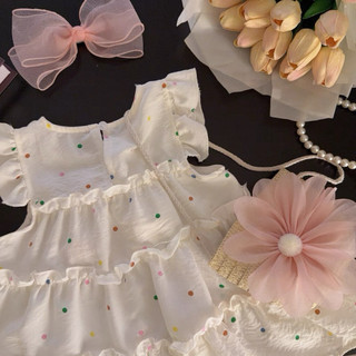 Váy chấm bi xòe tầng dáng babydoll rộng rãi thời trang bé gái mùa hè tặng kèm túi cói D1341